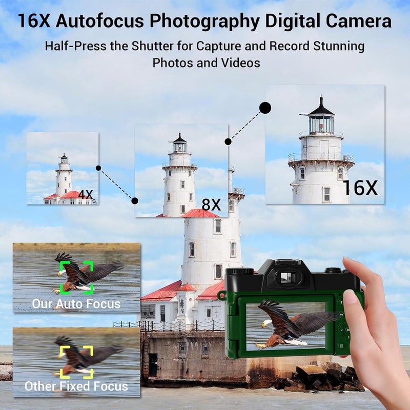 SMARTKLIK 4K Digital Camera for Photography Autofocus 75MP 16X Digital Zoom with 3'' 180° Flip Screen Vlogging YouTube Video Students Compact Cameras with 2 Batteries 64GB Micro SD Card(DeepGreen) - Image 5